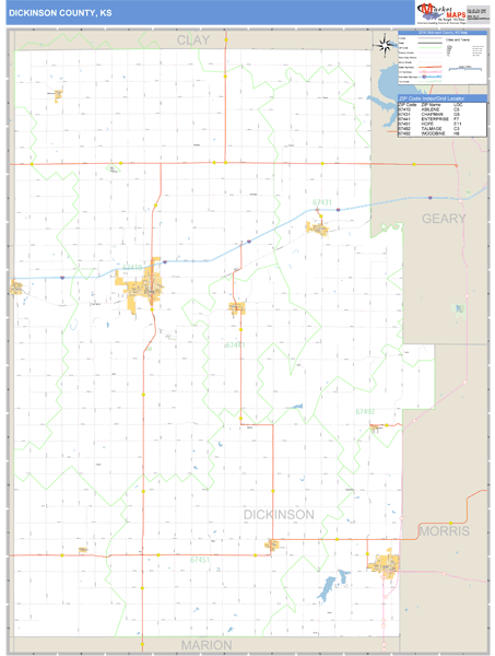 Dickinson County, Kansas Zip Code Wall Map Market Maps (IDI)