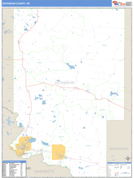 Dickinson County, Michigan Zip Code Wall Map Market Maps (IDI)