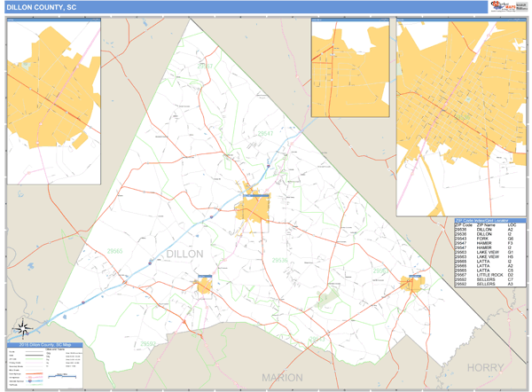 Dillon County, South Carolina Zip Code Wall Map Market Maps (IDI)