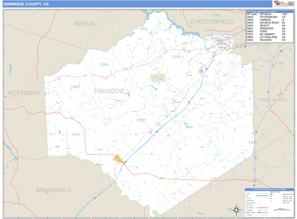 Dinwiddie County, Virginia Zip Code Wall Map Market Maps (IDI)