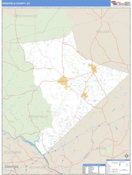 Edgefield County, South Carolina Zip Code Wall Map Market Maps (IDI)