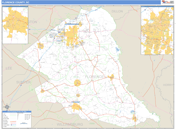 Florence County, South Carolina Zip Code Wall Map Market Maps (IDI)