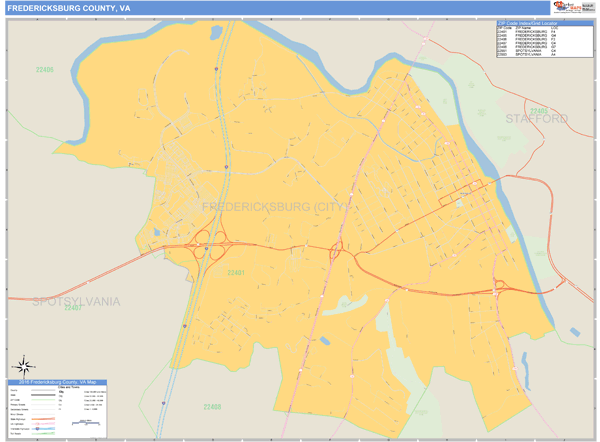 Fredericksburg County, Virginia Zip Code Wall Map Market Maps (IDI)