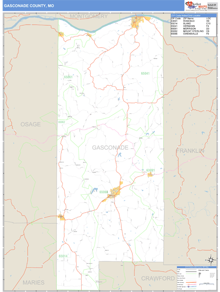 Gasconade County, Missouri Zip Code Wall Map Market Maps (IDI)
