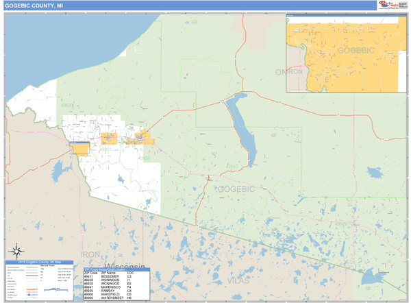 Gogebic County, Michigan Zip Code Wall Map Market Maps (IDI)