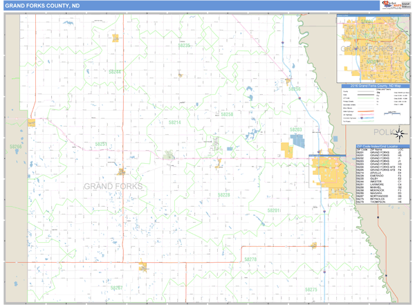 Grand Forks County, North Dakota Zip Code Wall Map Market Maps (IDI)