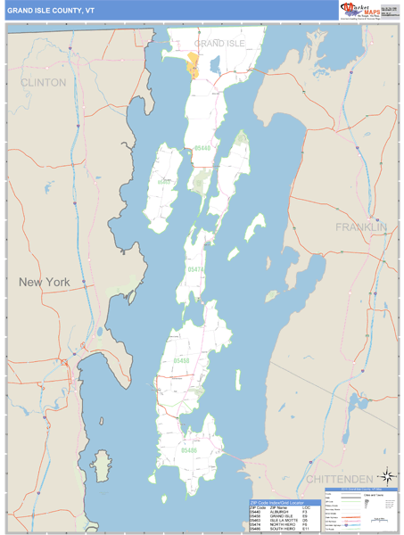 Grand Isle County, Vermont Zip Code Wall Map Market Maps (IDI)