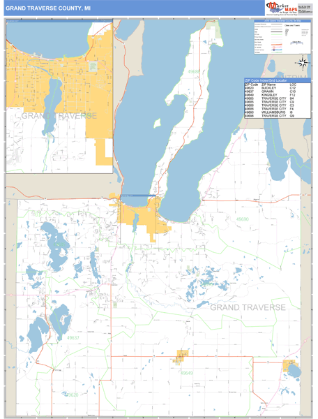 Grand Traverse County, Michigan Zip Code Wall Map Market Maps (IDI)