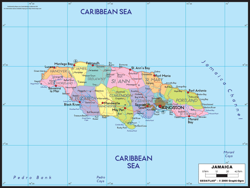 Jamaica Political Wall Map Maps.com