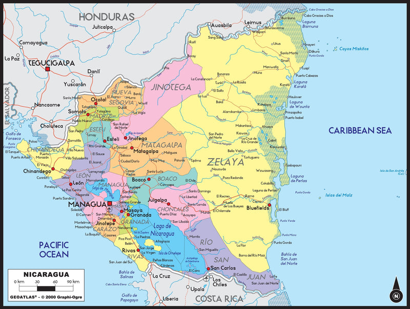 Nicaragua Political Wall Map Maps.com