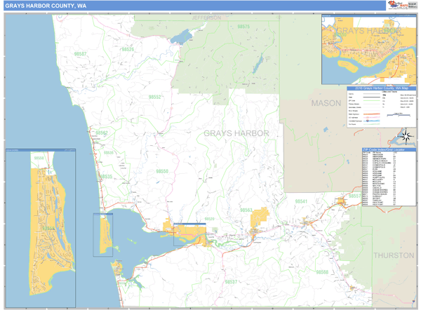 Grays Harbor County, Washington Zip Code Wall Map Market Maps (IDI)