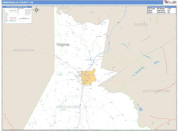 Greensville County, Virginia Zip Code Wall Map Market Maps (IDI)