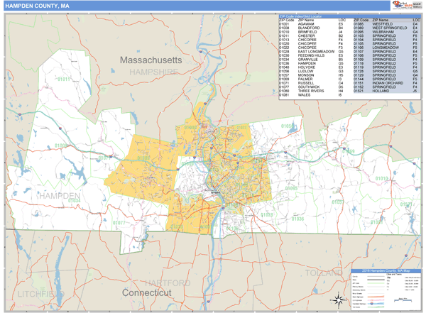 Hampden County, Massachusetts Zip Code Wall Map Market Maps (IDI)