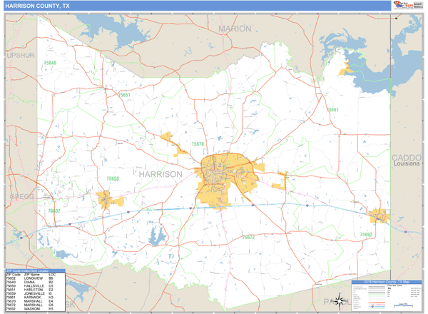 Harrison County, Texas Zip Code Wall Map Market Maps (IDI)