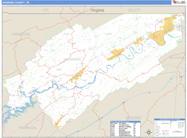 Hawkins County, Tennessee Zip Code Wall Map Market Maps (IDI)