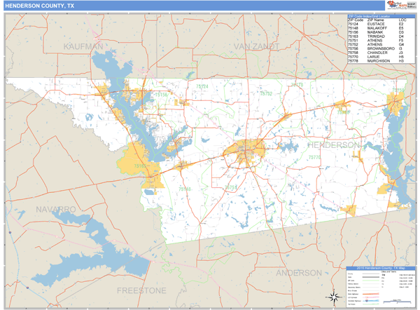 75156 Zip Code Henderson County, Texas Zip Code Wall Map | Map Geek.com