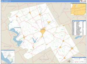 Hill County, Texas Zip Code Wall Map