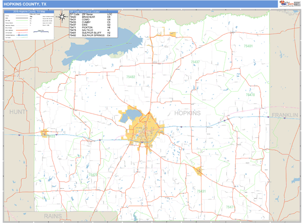 Hopkins County, Texas Zip Code Wall Map Market Maps (IDI)