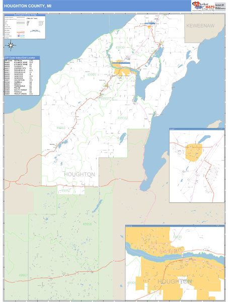 Houghton County, Michigan Zip Code Wall Map Market Maps (IDI)