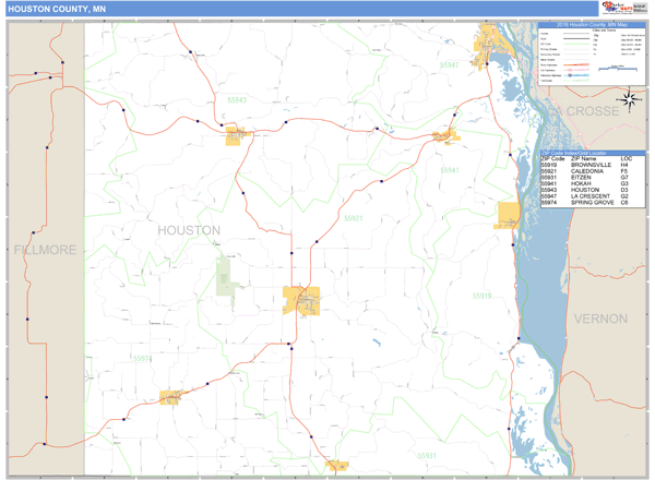 Houston County, Minnesota Zip Code Wall Map Market Maps (IDI)