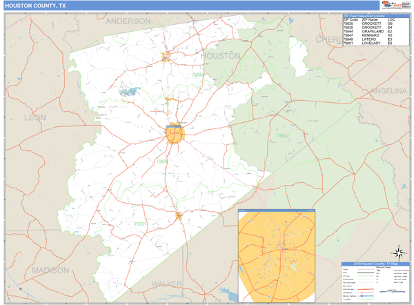 Houston County, Texas Zip Code Wall Map Market Maps (IDI)