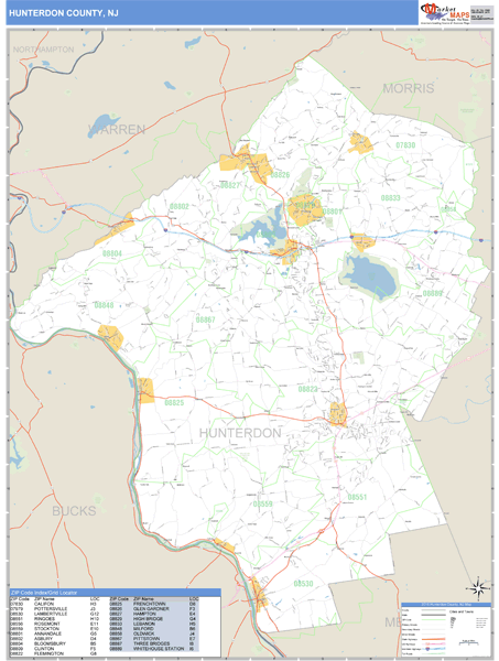 Hunterdon County, New Jersey Zip Code Wall Map Market Maps (IDI)