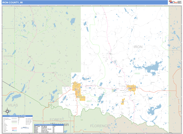 Iron County, Michigan Zip Code Wall Map Market Maps (IDI)