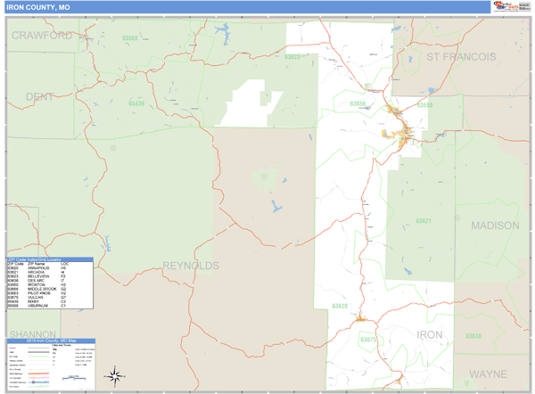 Iron County, Missouri Zip Code Wall Map Market Maps (IDI)
