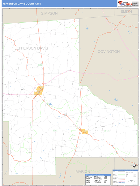 Jefferson Davis County, Mississippi Zip Code Wall Map Market Maps (IDI)