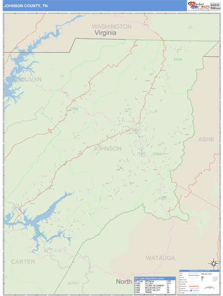 Johnson County, Tennessee Zip Code Wall Map Market Maps (IDI)