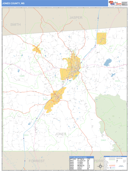 Jones County, Mississippi Zip Code Wall Map Market Maps (IDI)