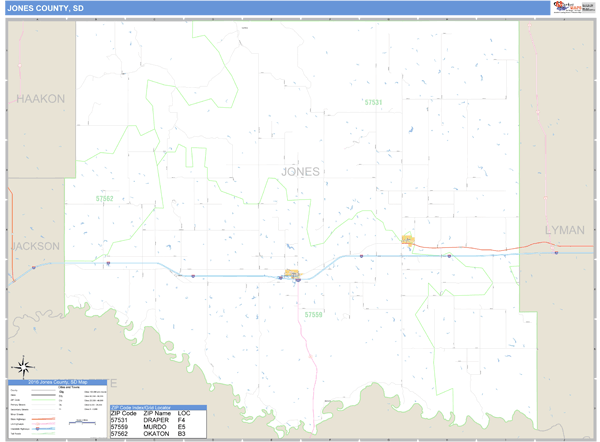 Jones County, South Dakota Zip Code Wall Map Market Maps (IDI)