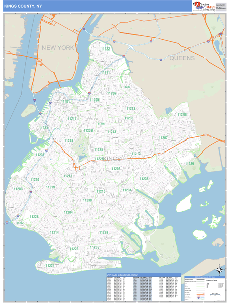 Kings County, New York Zip Code Wall Map Market Maps (IDI)