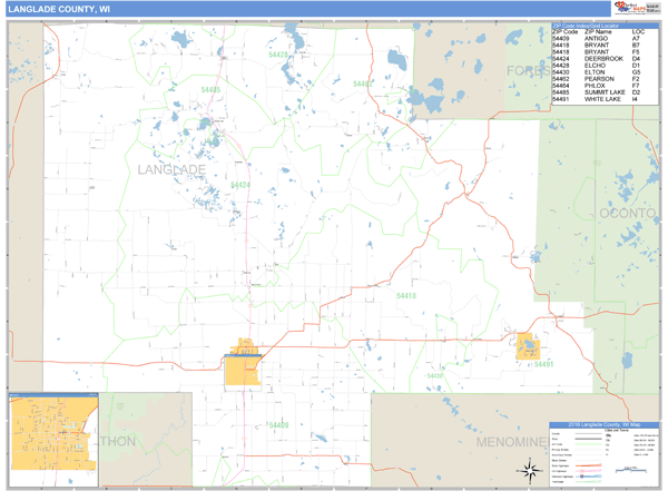 Langlade County, Wisconsin Zip Code Wall Map Market Maps (IDI)