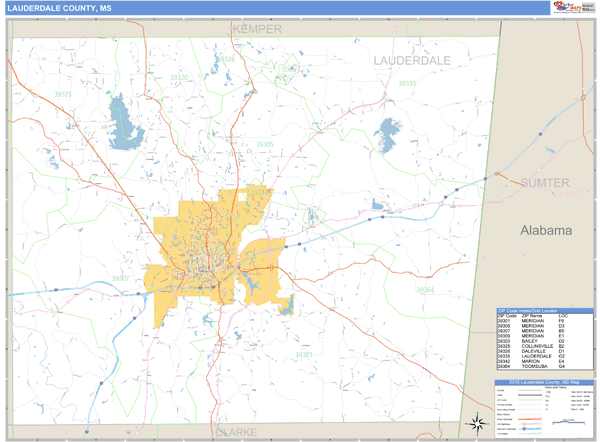 Lauderdale County, Mississippi Zip Code Wall Map Market Maps (IDI)