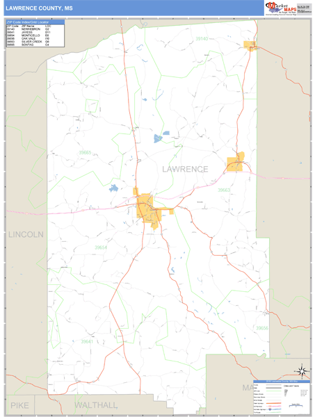 Lawrence County, Mississippi Zip Code Wall Map Market Maps (IDI)