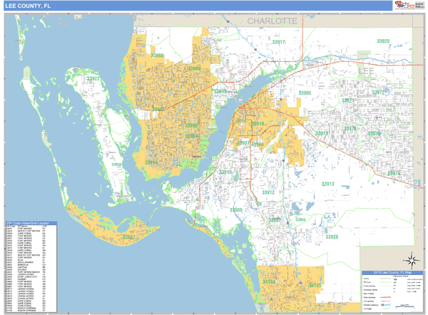 Lee County, Florida Zip Code Wall Map | Map Geek.com