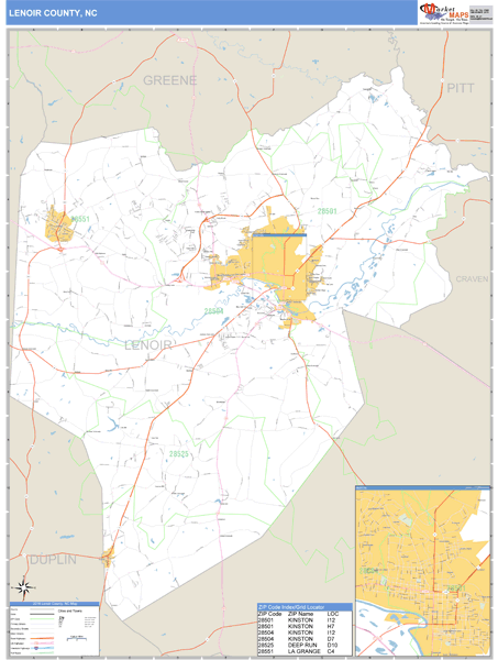 Lenoir County, North Carolina Zip Code Wall Map Market Maps (IDI)