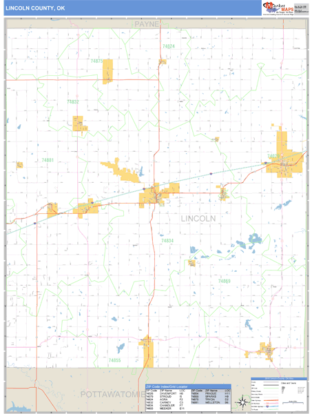 Lincoln County, Oklahoma Zip Code Wall Map Market Maps (IDI)