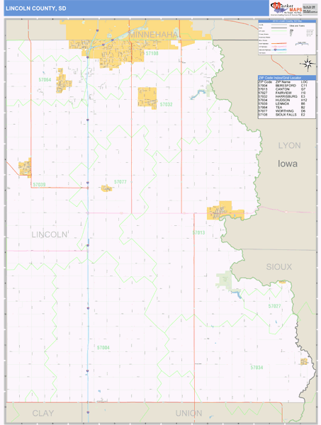 Lincoln County, South Dakota Zip Code Wall Map Market Maps (IDI)
