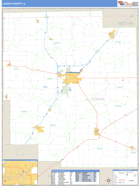 Logan County, Illinois Zip Code Wall Map Market Maps (IDI)