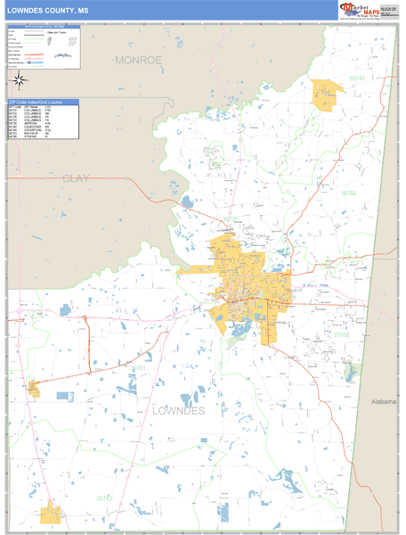 Lowndes County, Mississippi Zip Code Wall Map Market Maps (IDI)
