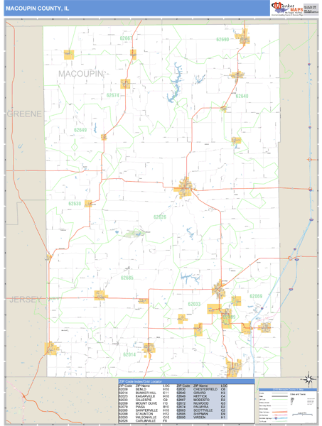 Macoupin County, Illinois Zip Code Wall Map Market Maps (IDI)
