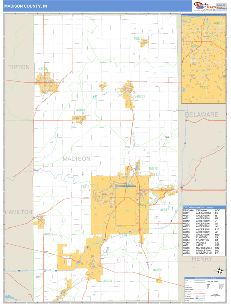 Madison County, Indiana Zip Code Wall Map Market Maps (IDI)