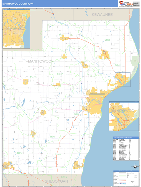 Manitowoc County, Wisconsin Zip Code Wall Map Market Maps (IDI)