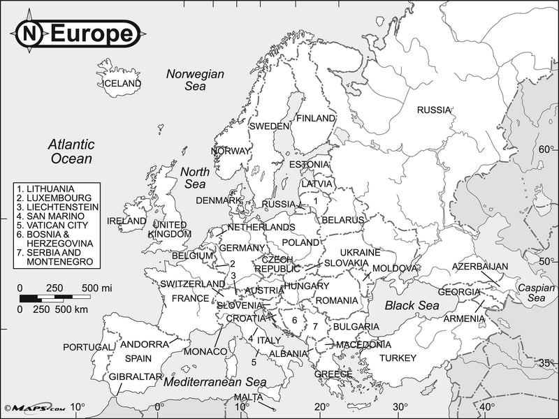 Europe Black & White Reference Map, 2005 Maps.com