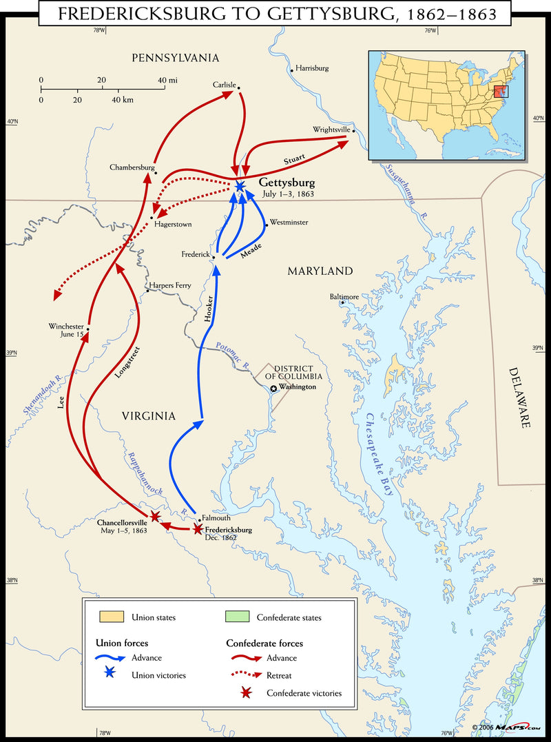 Fredericksburg to Gettysburg 1862-1863 Wall Map Maps.com