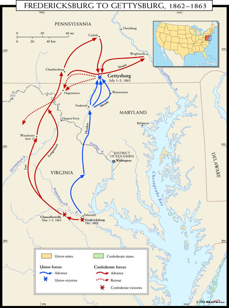 Fredericksburg to Gettysburg 1862-1863 Wall Map Maps.com