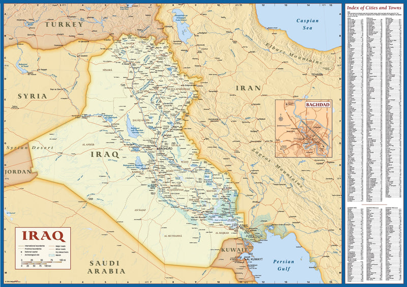 Iraq Deluxe Political Wall Map w/Index Maps.com