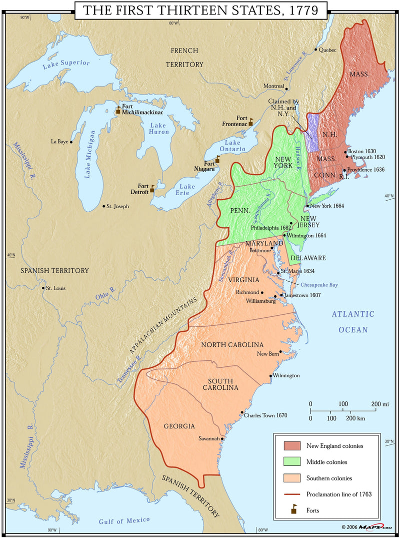 The First Thirteen States 1779 Wall Map Maps.com